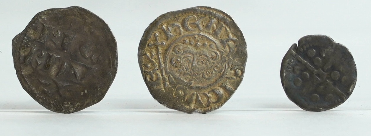 British hammered silver coins, a Henry III short cross penny (S1356), about VF, 1.43g, an Edward IV penny, Durham, (possibly S2123), fine, 0.49g and a Richard I (1189-1199), Anglo-Gallic silver Denier, 0.84g